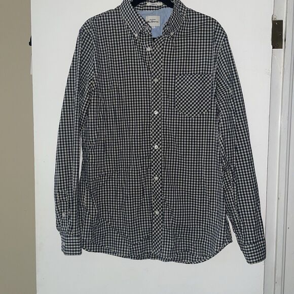 Ben Sherman Shirt Mens Large Blue Cream Check Casual Button Up Long Sleeve - Picture 1 of 9